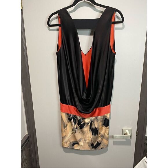 Small, Pinko, dress with plunging back. Black, coral and peach. Made in Italy - Picture 3 of 8